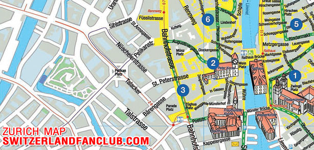 แผนที่ในเมืองซูริค พร้อม 10 สถานที่ท่องเที่ยวที่น่าสนใจ